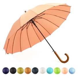SoulRain 16 Ribs 48" Stick Umbrella Auto Open Solid Color Fashionable and Simple，Arc Classic Wood Handle，Windproof Unbreakable Stick Rain Umbrella (Peach)…