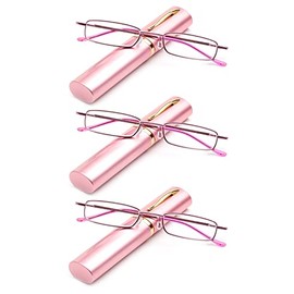 3 Packs Pocket Readers Ultra Slim Compact Reading Glasses Spring Temple w/Portable Pocket Clip Aluminum Case Pink +1.25