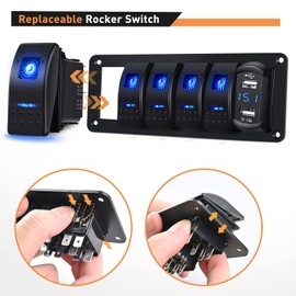GOOACC 5 Gang Rocker Switch Panel Blue Backlit with 4.8 Amp Dual USB Charger Voltmeter Waterproof 12V 24V DC Rocker Switch with Night Glow Stickers for Car Trucks Boats RVs,2 Years Warranty