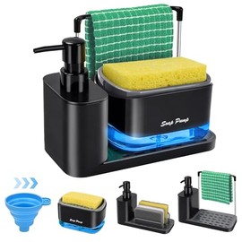 Dispensador de Jabon 5 en 1, Dispensador de Jabon Baño, Jabonera para Cocina con Soporte de Esponja, Toallero, Bandeja de Drenaje, Despachador de Jabó