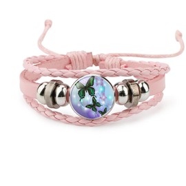 KIFEDSLJ Butterfly Braided Leather Bracelet Adjustable Butterfly Wing Charm Bohemia Leather Wrap Bracelets for Women-pink