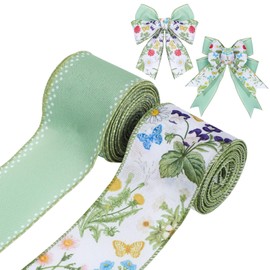 Spring Wired Edge Ribbon Retro Wild Floral Craft Ribbon Spring Fabric Ribbon for Wreath Bow Making DIY Wrapping Party Decor Supplies, 2 Rolls, 10 Yard (Green Wildflowers)