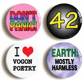 4 x"DONT PANIC MOSTLY HARMLESS 42" BADGES BUTTON PINS (Size is 1inch/25mm diameter)