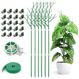 6 Pack Plant Support Stakes for Indoor Plants, 39.37 Inch Twig Plant Sticks with Orchid Clips Twist Ties and Plant Ties for House Potted Monstera Plants, Plastic Branches Support Structures, Green