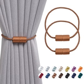 Pretty Jolly 2 Pack Magnetic Curtain Tiebacks 16 Inch Handmade Weave Side Rope Curtain Holdbacks Convenient Decorative Cylinder Curtain Drape Tie Backs for Home & Office Window Drapery (Light Coffee)