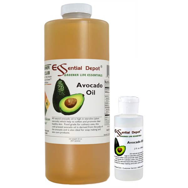ESSENTIAL DEPOT Avocado Oil PLUS FREE 2 oz empty container - 1 Quart - 32 oz - safety sealed HDPE container with resealable cap - 100% Pure and Natural for Hair, Skin, Massage and Cooking