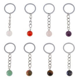 SUPERFINDINGS 8Pcs Gemstone Keychain Natural Crystal Bead Keychain Round Quartz Crystal Pendants with Iron Key Rings for Handbag Purse Car Keys Birthday Party Favors Supplies