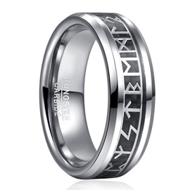 TUNGSTORY Viking Rings for Men, 8mm Two-Tone Tungsten Carbide Rings Silver Black Wedding Bands with Beveled Edges and Carbon Fiber Size 11