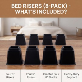 Bed Risers 8-Pack - Stackable Furniture Lifts for 3, 5 or 8 Inch Adjustable Height, 2200 Lbs Capacity Black Square Sofa and Desk Elevators for Under Bed Storage