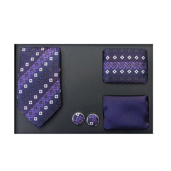 New formal Men's necktie solid & pattern hankie cufflinks 4 pc Gift Set Purple