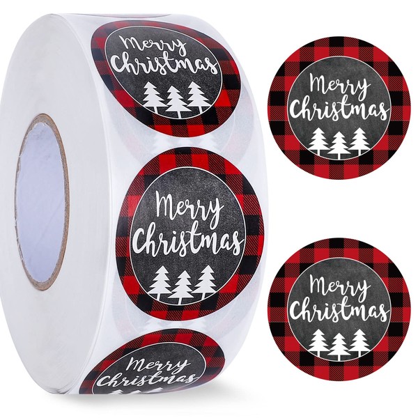 Whaline 1000Pcs Merry Christmas Stickers 1.5Inch Red Black Buffalo Plaid