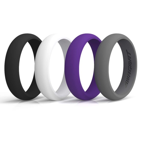Swagmat Silicone Wedding Rings, 4 Pack Wedding Bands for Women (Black, Medium Gray, White, Purple, Size 9.5)