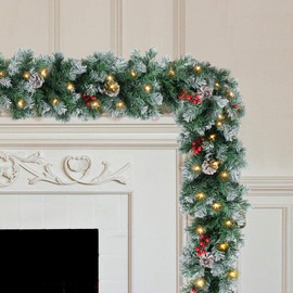 Christmas Garland with 50 LED Lights - Timer Xmas Garlands - Outdoor Lighted Pine Cone Berry Christmas Garlands with Battery Powered String Light for Indoor, Party, Home Decoration, 9 Ft by 10 Inch