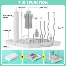 Bottle Cleaner Kit, 7 in 1 Bottle Cleaner Kit with Brush Handle Rotated 90°Design,Silicone Bottle Brush, Nipple Cleaner Brush,Straw Brush,Drying Rack for Home and Travel Better Cleaning