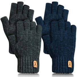 GwaOery Winter Half Finger Gloves, Fingerless Gloves Warm Touch Screen Gloves Thickened Thermal Knitted for Men Women Typing Working Running Biking Driving Outdoor Activities 2 Pairs