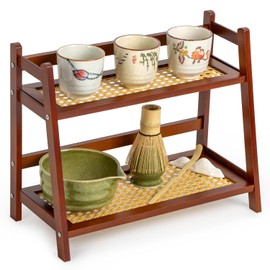 ANBOXIT Coffee Station Organiser, 2 Tier Shelf for Matcha & Coffee Accessories | Wicker Look Bamboo Cup Rack for Kitchen, Household & Office, Spice Organiser Brown
