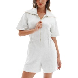 OSTAUG Rompers for Women 2024 Casual Overalls Fall Outfits Zip Up Short Sleeve Baggy Workout Athletic Onesie Romper Jumpsuits(Steam Grey Medium)