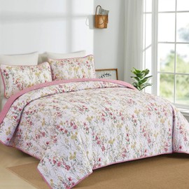 Anibedding Queen Size Quilt Sets, Pink Floral Pattern Quilt Bedding Set, 3 Pieces Botanical Quilt Soft Microfiber Bed Coverlet for All Season(96" x 90")