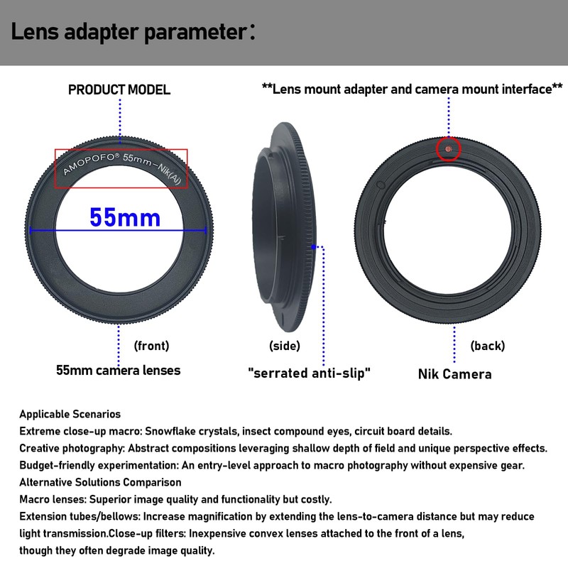 55mm Filter Thread Macro Reverse Mount Adapter Ring, for Nikon