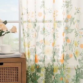 Woaboy Curtains, Green Voile Floral Pattern Curtains with Eyelets, Living Room, Transparent Eyelet Curtain, Sheer Voile Curtains for Bedroom, Set of 2, 140 x 245 cm (W x H)