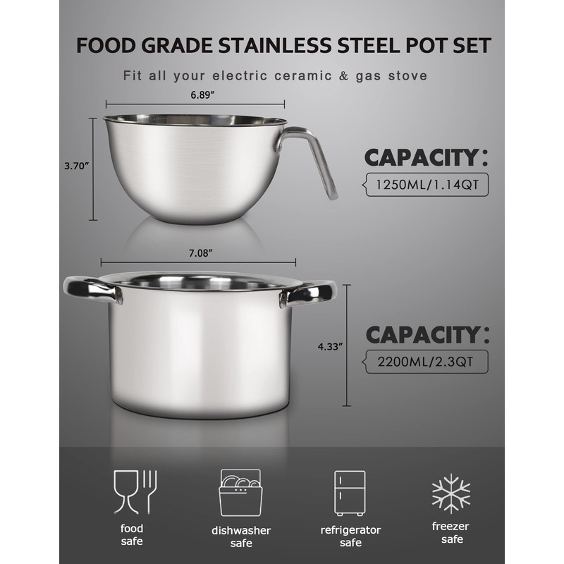 Double Boiler Pot Set,1250ML/1.1QT Mixing Bowl for Chocolate Melting, 2200ML/