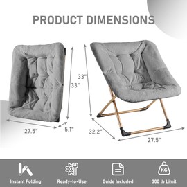 Youtanic Comfy Oversized Saucer Chair, Soft Faux Fur Reading Lounge Chair for Adults, Stable X-Large Metal Frame and Non-Slip Pad, Foldable Cozy Chairs for Bedroom, Living Room, Dorm, Light Gray