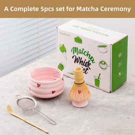 YumiPLUS 5pcs Premium Matcha Set,Ceramic Bowl with Spout and Bamboo Whisk set, Ceremonical Matcha Kit for breakfast/latte,Tea Starter Making Kit,Unique Matcha Gift set (pink love)