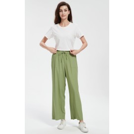 Tronjori Women Linen Blend Palazzo Pants Summer Boho Wide Leg High Waist Casual Lounge Pant with Drawstring(M,Olive)