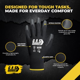 G.A.S Hardware 10-Pair Pack Nitrile Work Gloves – Lightweight, Abrasion-Resistant, Cut-Proof, Non-Slip Grip, Multipurpose Safety Gloves for Construction, Gardening, and DIY Projects
