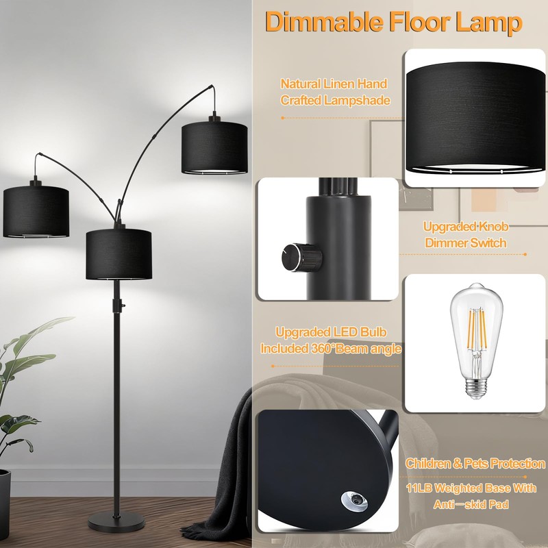 Dimmable Floor Lamp - 3 Lights Arc Floor Lamps for