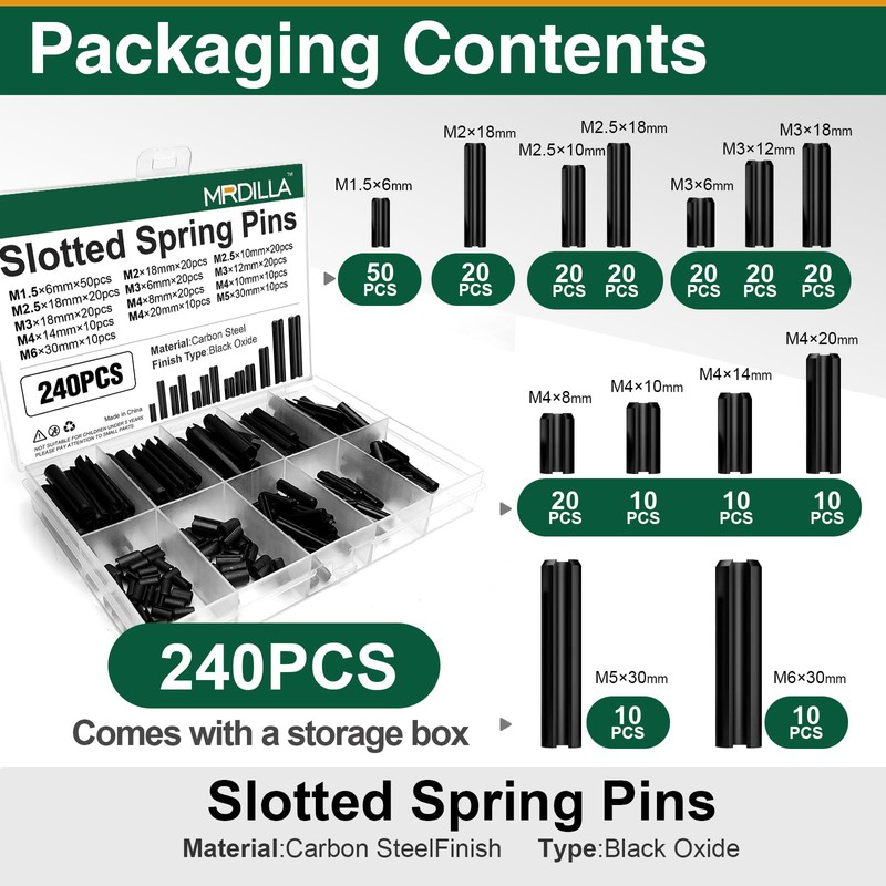 Mrdilla 240 Pcs Roll Pin Assortment, Metric Slotted Spring Pins,