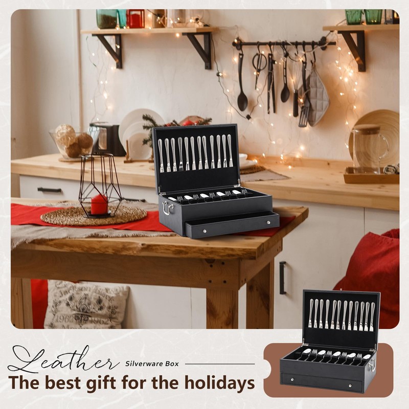 DoubleFill 2 Layer Leather Silverware Storage Box with Lid Drawer