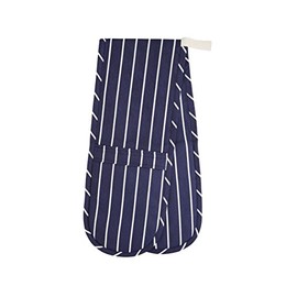 KitchenCraft Double Oven Gloves with 'Butcher's Stripe' Design, Cotton / Polyester, Navy Blue / White, 87 x 18.5 cm