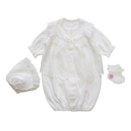 Winter Material, Made in Japan, Newborn Baby Ceremony Dress, For Shrine Visitors and Discharge, Outfit, Western Clothing, Includes Baby Socks with String Ties and No Fall Off, 3 Piece Set, Velour,