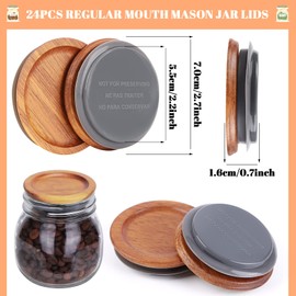24Pack Regular Mouth Mason Jar Lids Acacia Wooden Storage Canning Jar Lids Ball Jars Bamboo Wooden Lids with Airtight Silicone Seal Ball Wooden Lids for Mason Jars， Brown