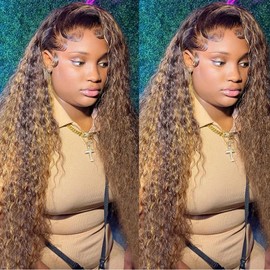 28 Inch Highlight Ombre Lace Front Wig Human Hair 13x6 HD Honey Blonde 4/27 Deep Wave Lace Front Wigs Human Hair 200% Density Colored Deep Curly Lace Frontal Wigs Human Hair Pre Plucked with Baby Hair