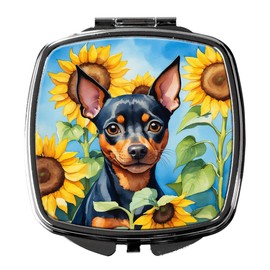 Caroline's Treasures Miniature Pinscher in Sunflowers Compact Mirror Decorative Travel Makeup Mirror for Women Girls Gifts Pocket Makeup Mirror Folding Handheld