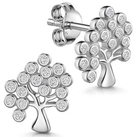 MATERIA by Matthias Wagner Tree of Life Stud Earrings Silver 925 Cubic Zirconia Earrings for Women, Silver Cubic Zirconia