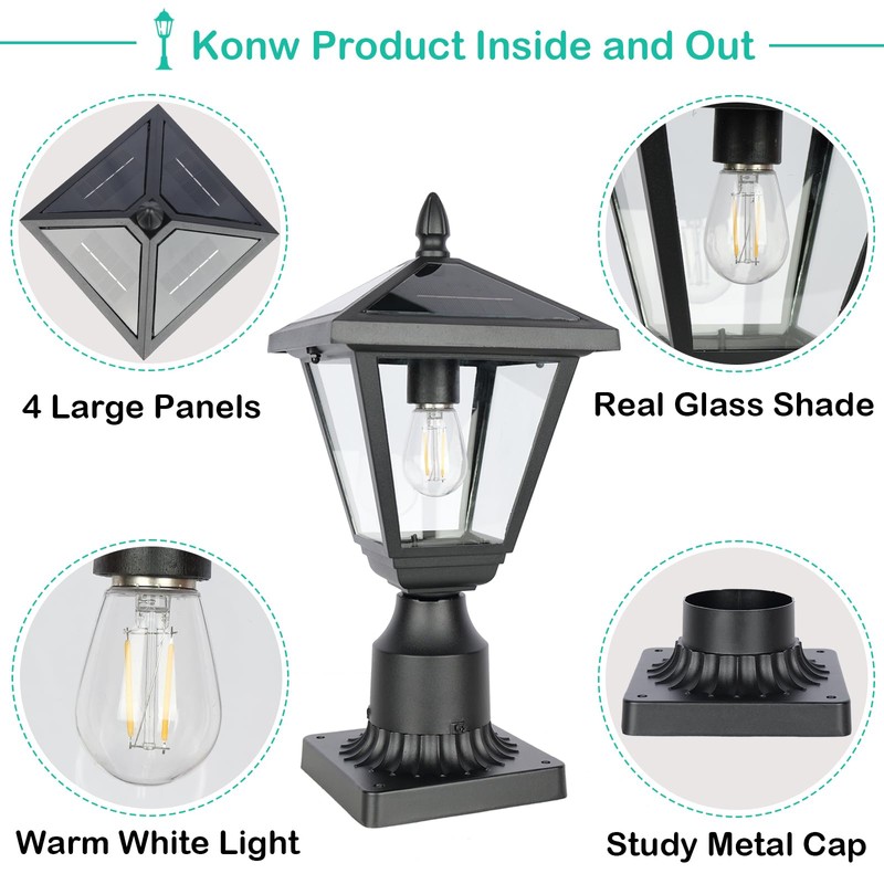 Jalarox Solar Post Lamp Lights, Metal and Glass Built Dusk