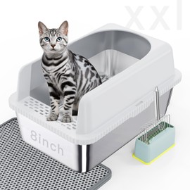 Stainless Steel Jumbo XXL Cat Litter Box with Lid | Metal Extra Large Litter Box Include Metal Litter Scoop,Mat | High Sided Enclosed Litter Pan for High-Peeing Cat.No Smell | Non-Stick | Splash-Proof