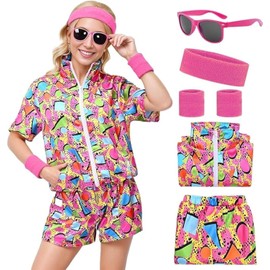 Forfamy Women 80s Sportswear Set, 6Pcs Color Block Windbreaker Sweat Suit, Retro Tracksuit Outfits Short Sleeve Zip Front Elastic Waist Sweatbands Glasses (Hawaiian, XL)