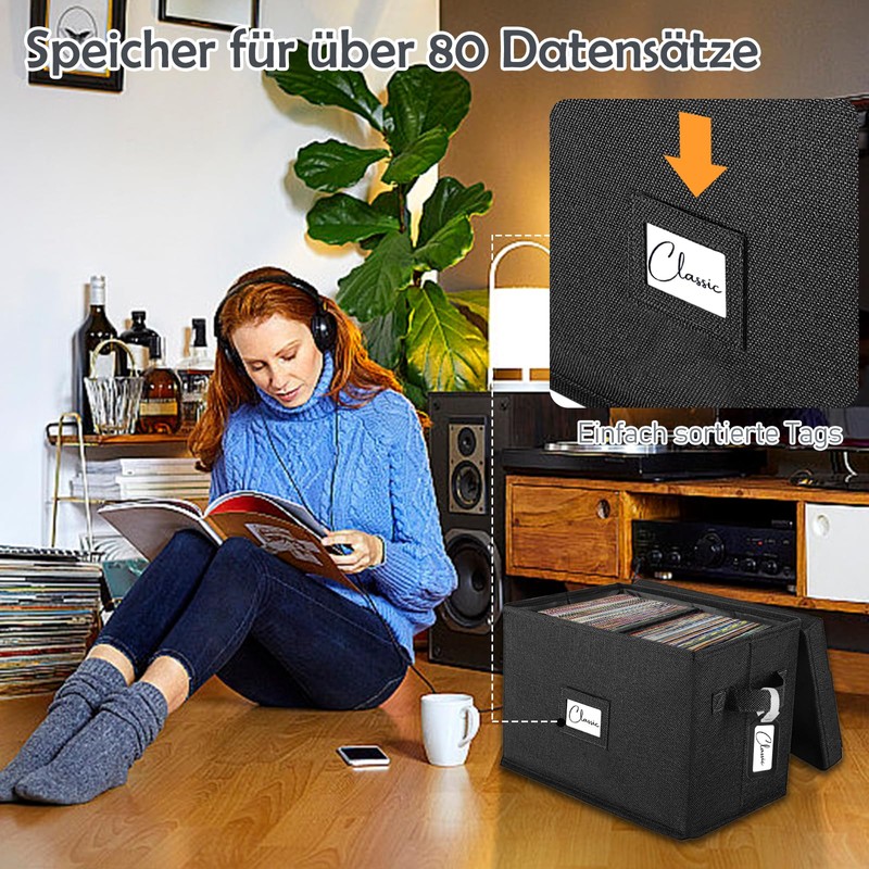 Vinyl Record Storage Box for 7"/45 RPM LPs, Black Case