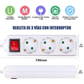 EXTRASTAR 1.5M 3 Way Power Strip with Switch Cable for Home, Office and Travel, 16A, 250V, 3680W, White