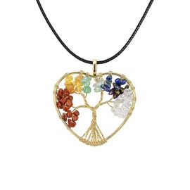 Tree of Life Pendant Necklace – Natural Crystal Healing Stone Jewelry with Black Cord, Heart & Round Shape Wire Wrapped Gemstone Charms for Women & Men, Boho Chakra Gift (Rainbow Chakra Stones)