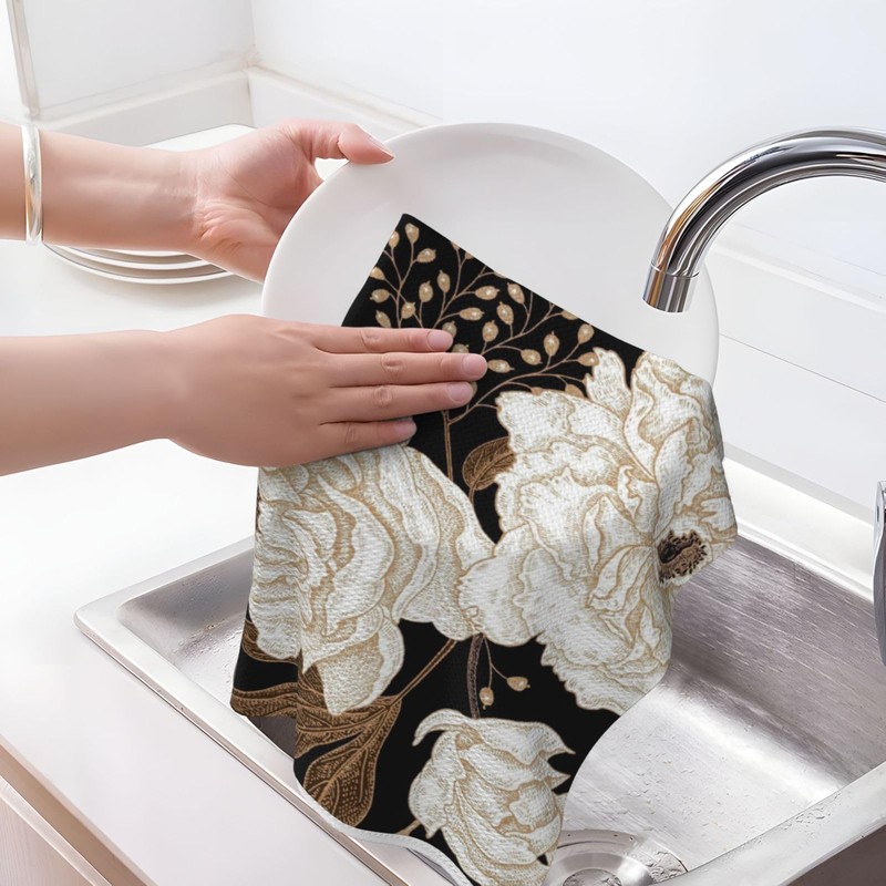 YOCIBIUT Retro Beige Gold Penoy Kitchen Towels Set of 2,Decorative