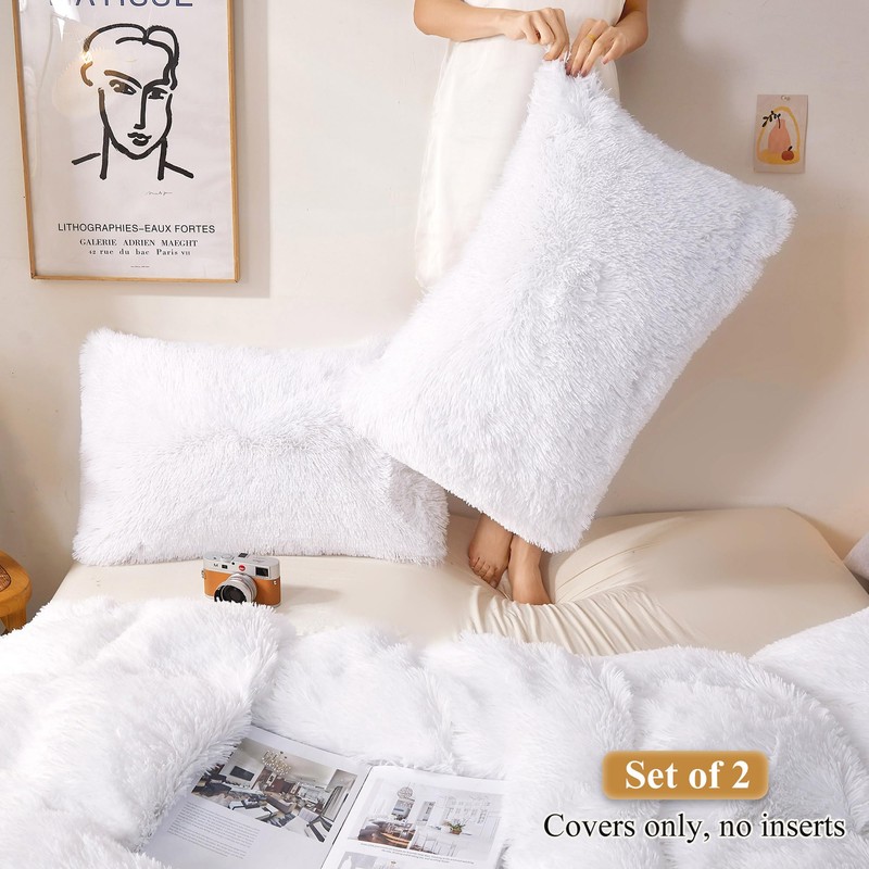 XeGe 2 Pack Fluffy Faux Fur Pillowcases, Soft Plush Shaggy