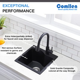 Comllen 16" x 16" Quartz Black Bar Sink Drop in, Morden Black Small Kitchen Sink 16 Inch, Topmount Wet Bar Sink Matte Black, Black Granite Kitchen Sink Bar Prep Rv Sinks