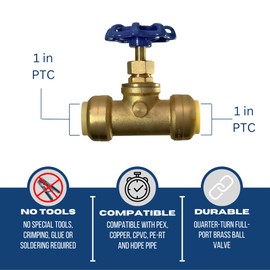 XFITTING 1 inch Push Fit Stop Valve with Drain and Vent, Push to Connect Brass Plumbing Fitting, Pex Pipe, Copper, CPVC, PE-RT, HDPE, 2-5-3=1, 1 Piece