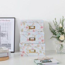 Soul & Lane Decorative Cardboard Storage Boxes - Set of 3 Square Stacking Boxes with Lids and Gold Label Holders, Nesting Photo Storage for Decor and Organizing, Pale Blue