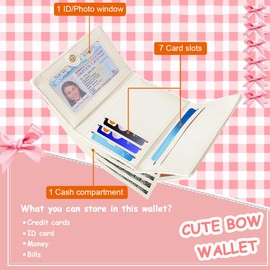 Sunwel Fashion Wallets Girls Cute Coquette Bow Small Wallet Aesthetic Card Holder ID Window Purse for Women (CREAM)